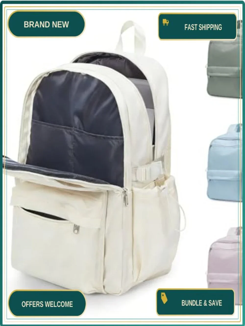 Water-Resistant Nylon Lightweight Teen School Backpack, 15.6